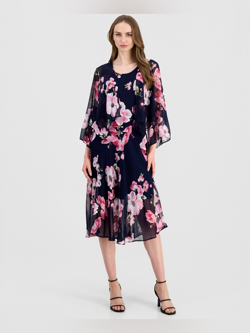 Robbie bee Plus Size Floral Print Open-Front Chiffon Jacket Dress